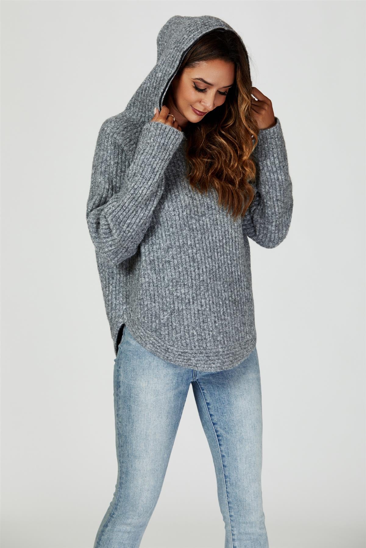 Zip Detail Knit Hoodie In Grey