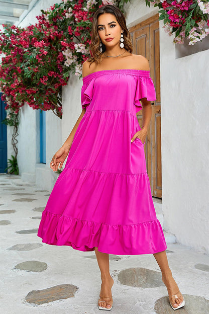 Off Shoulder Bardot Frill Midi Dress In Fuchsia Pink