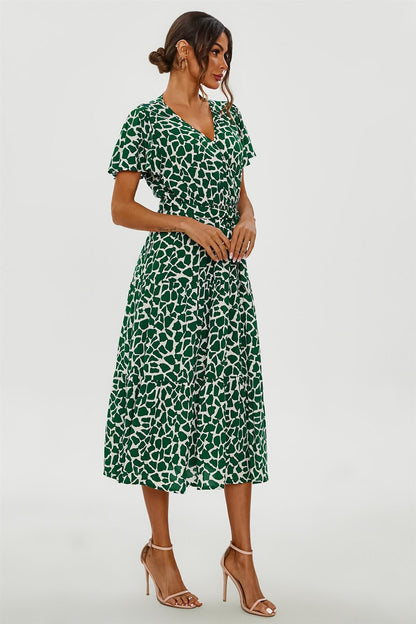Geo Print Hem Tiered Wrap Midi Dress In Green