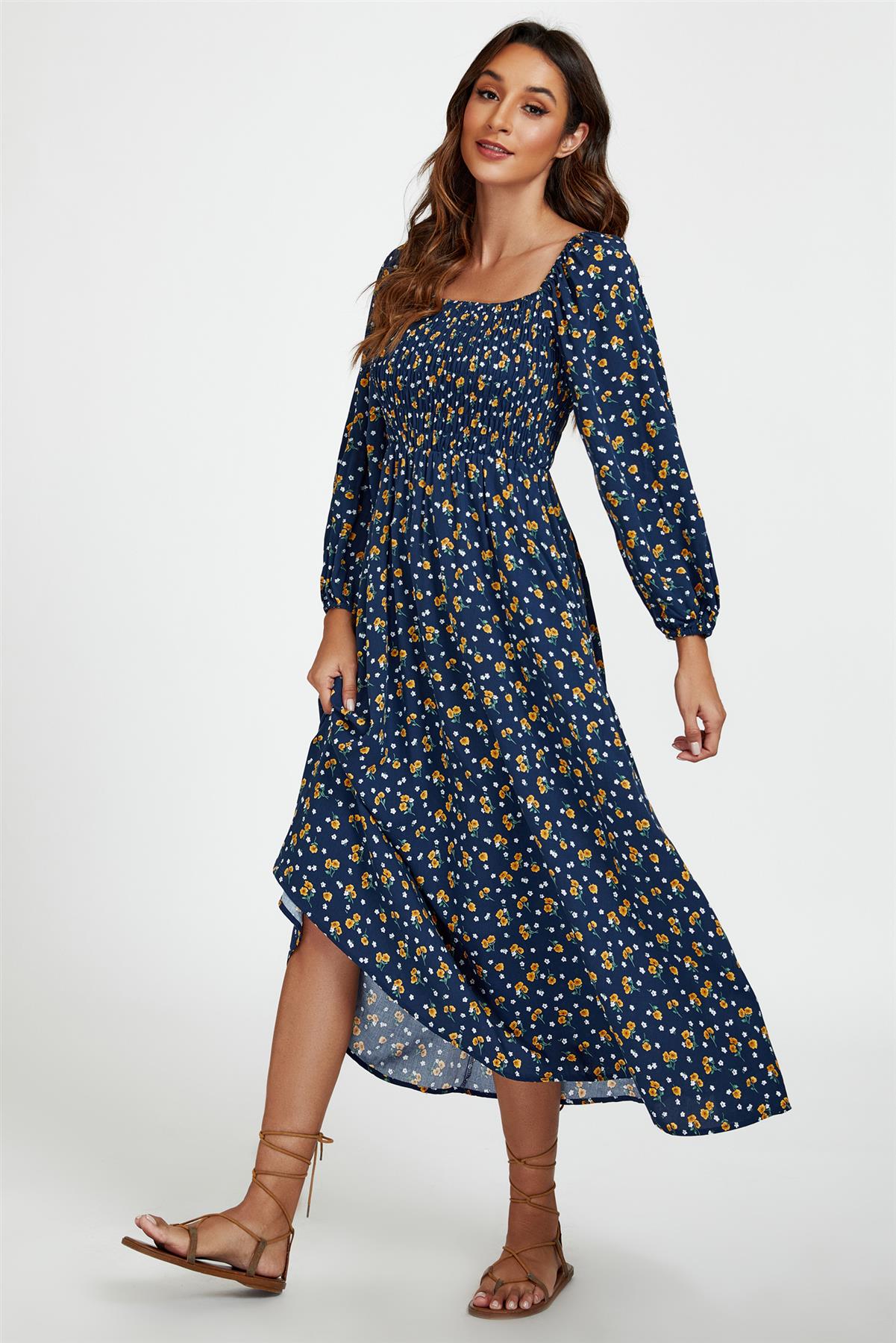 Floral Print Square Neck Maxi Dress In Dark Blue
