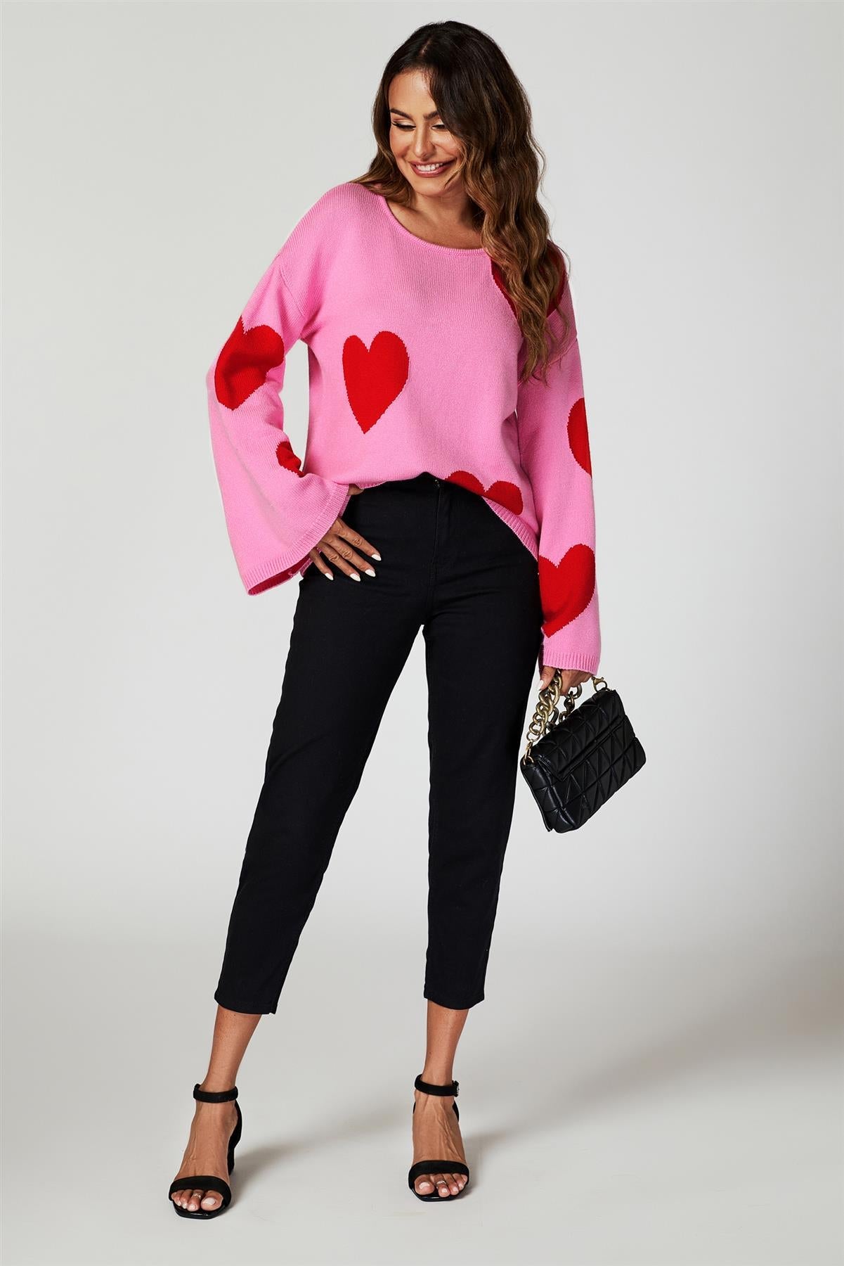 Wide Sleeve Oversize Red Jumper With Pink Heart