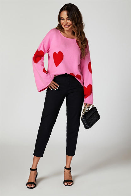 Wide Sleeve Oversize Red Jumper With Pink Heart