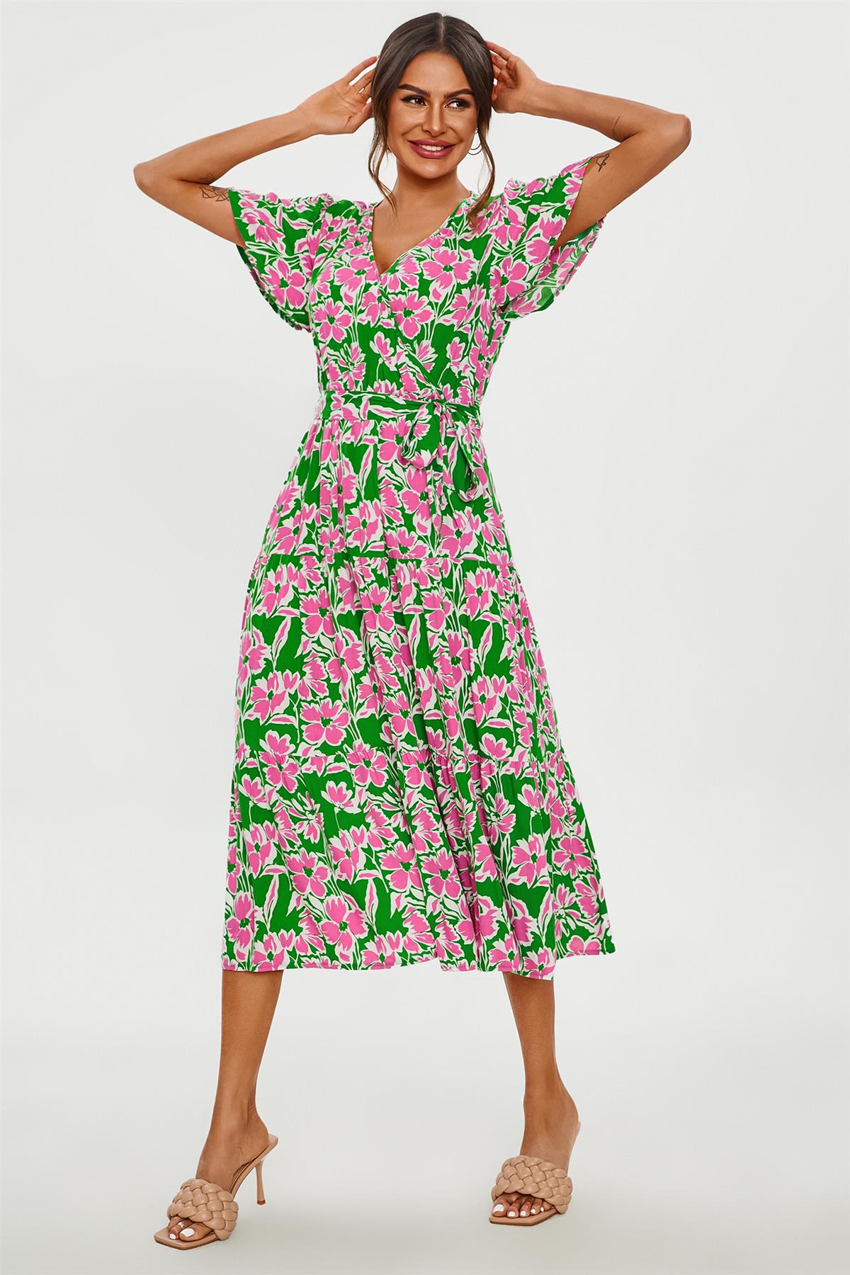 Pink Floral Print Hem Tiered Wrap Midi Dress In Green