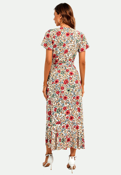 Angel Sleeve Hem Detail Midi Wrap Dress in Offwhite