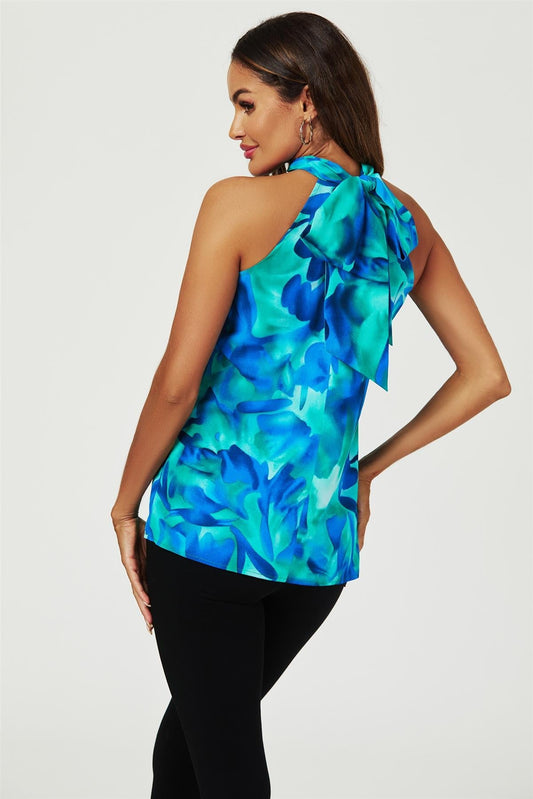 Abstract Floral Print Halter Neck Tie Back Top In Blue