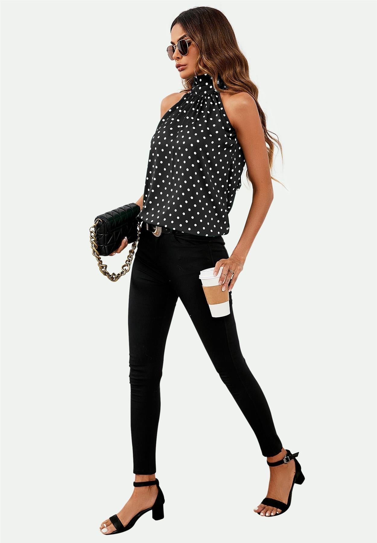 Polka Dot Print Halter Neck Tie Back Top In Black