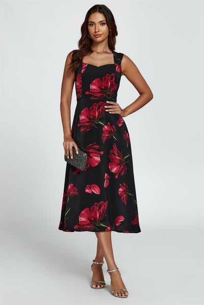 Floral Print Heart Neck Midi Dress In Black
