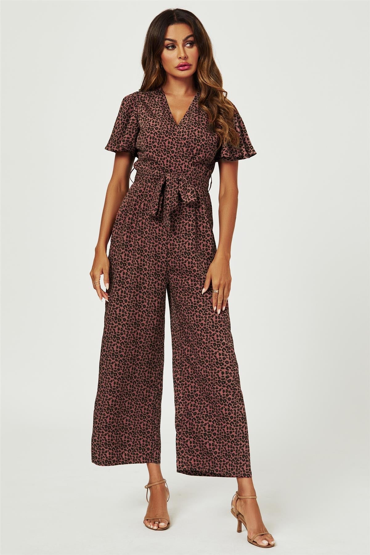 Leopard Print Wrap Top Jumpsuit In Rusty