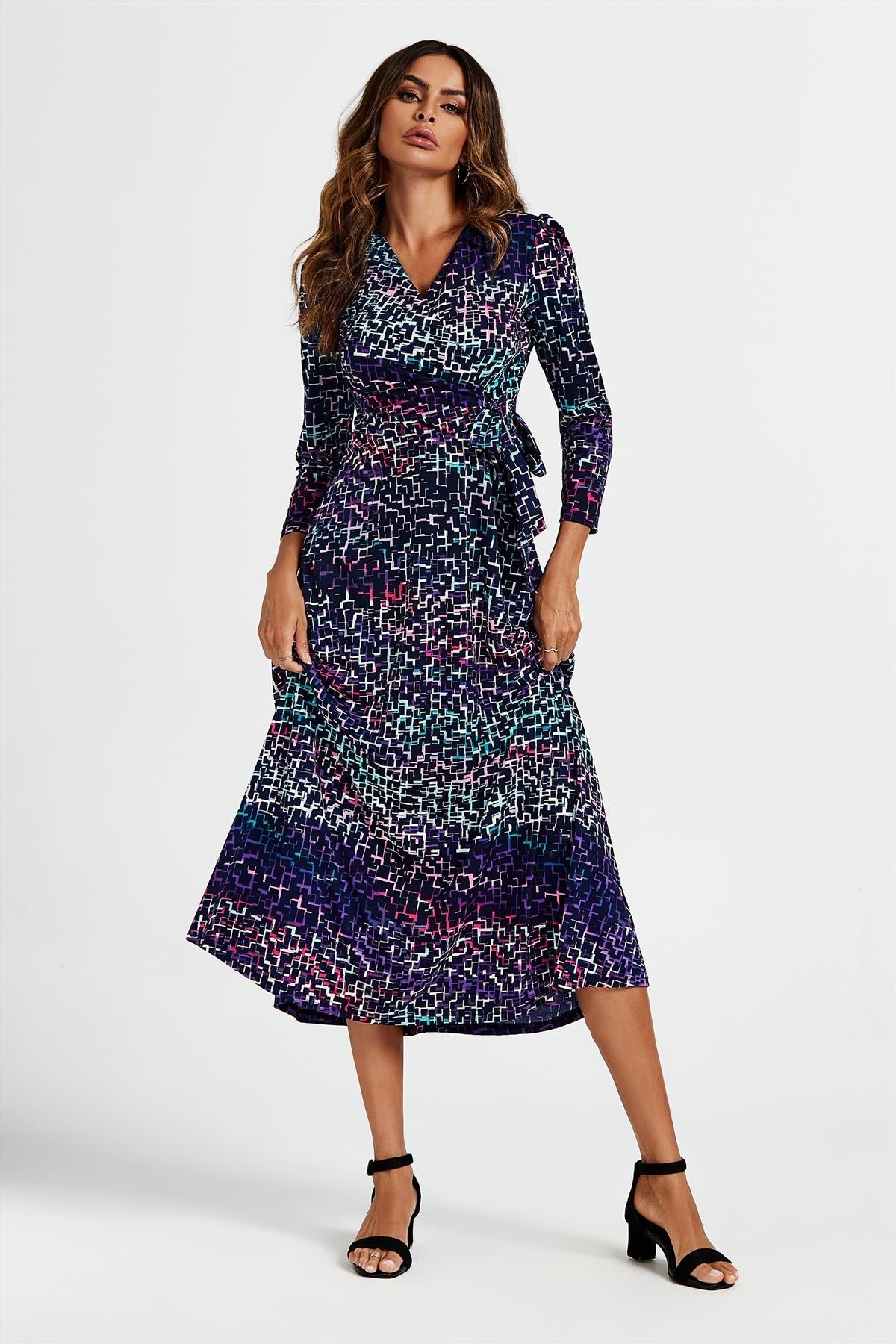 Geometric Print Wrap Top Midi Dress In Navy