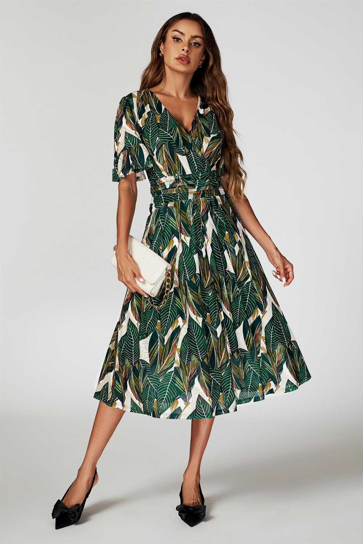 Midi-Kleid aus Mesh mit Blätterdruck in Grün