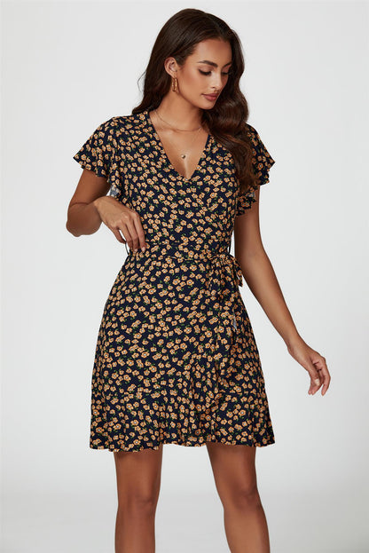 Floral Print Wrap Top Dress In Navy