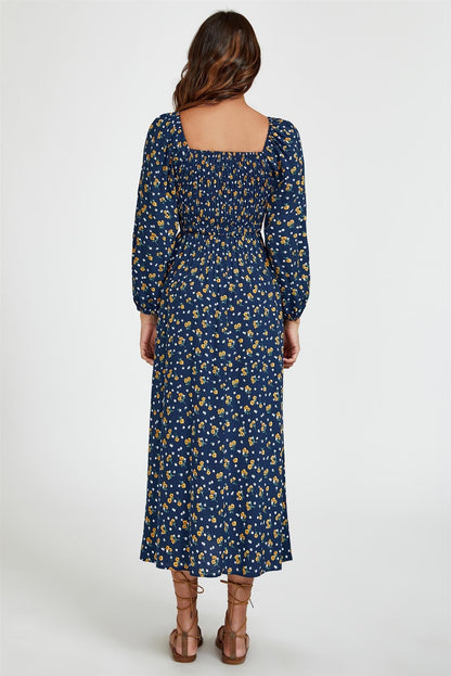 Floral Print Square Neck Maxi Dress In Dark Blue