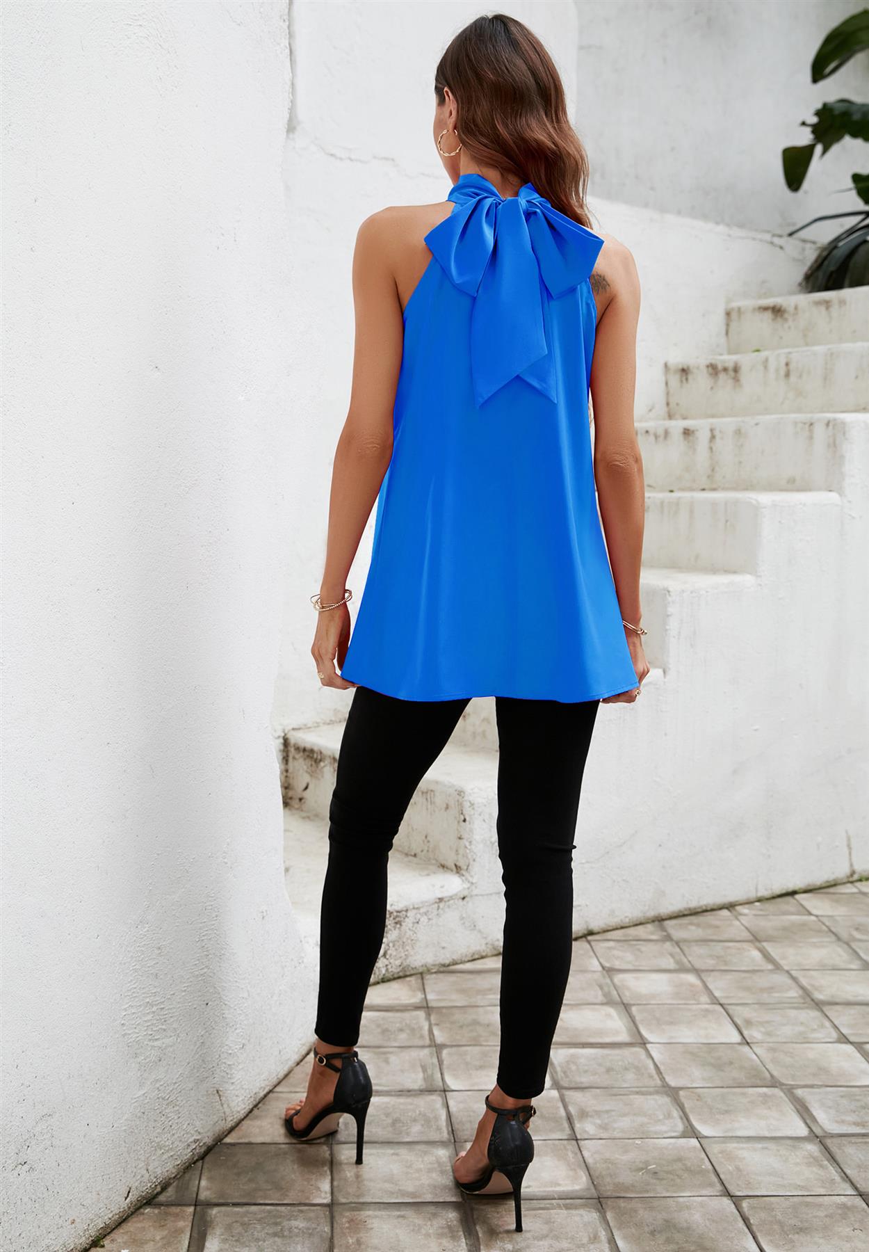 Halter Neck Tie Back Top In Azure Blue