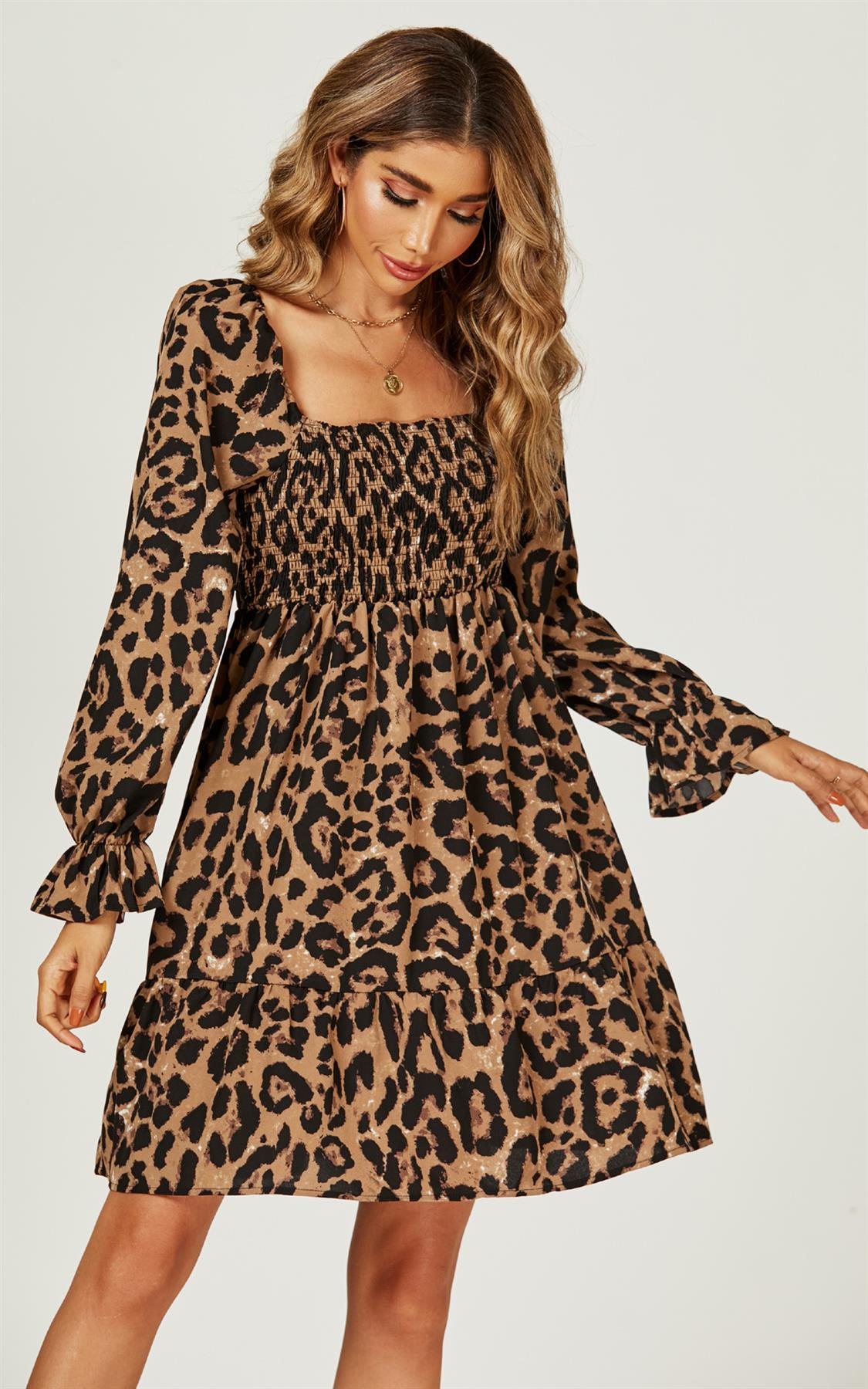 Square Neck Puff Sleeve Mini Dress In Leopard Print