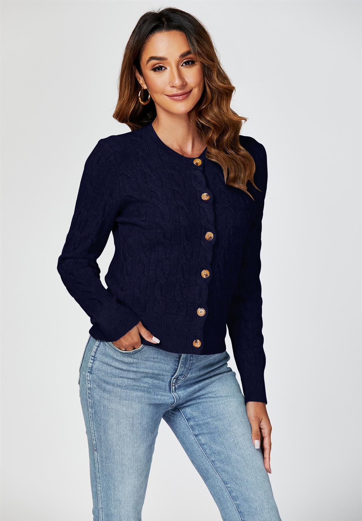 Cable-Knit Crewneck Cardigan In Navy