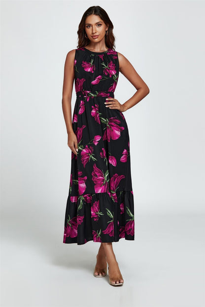Floral Print Halterneck Maxi Dress In Black