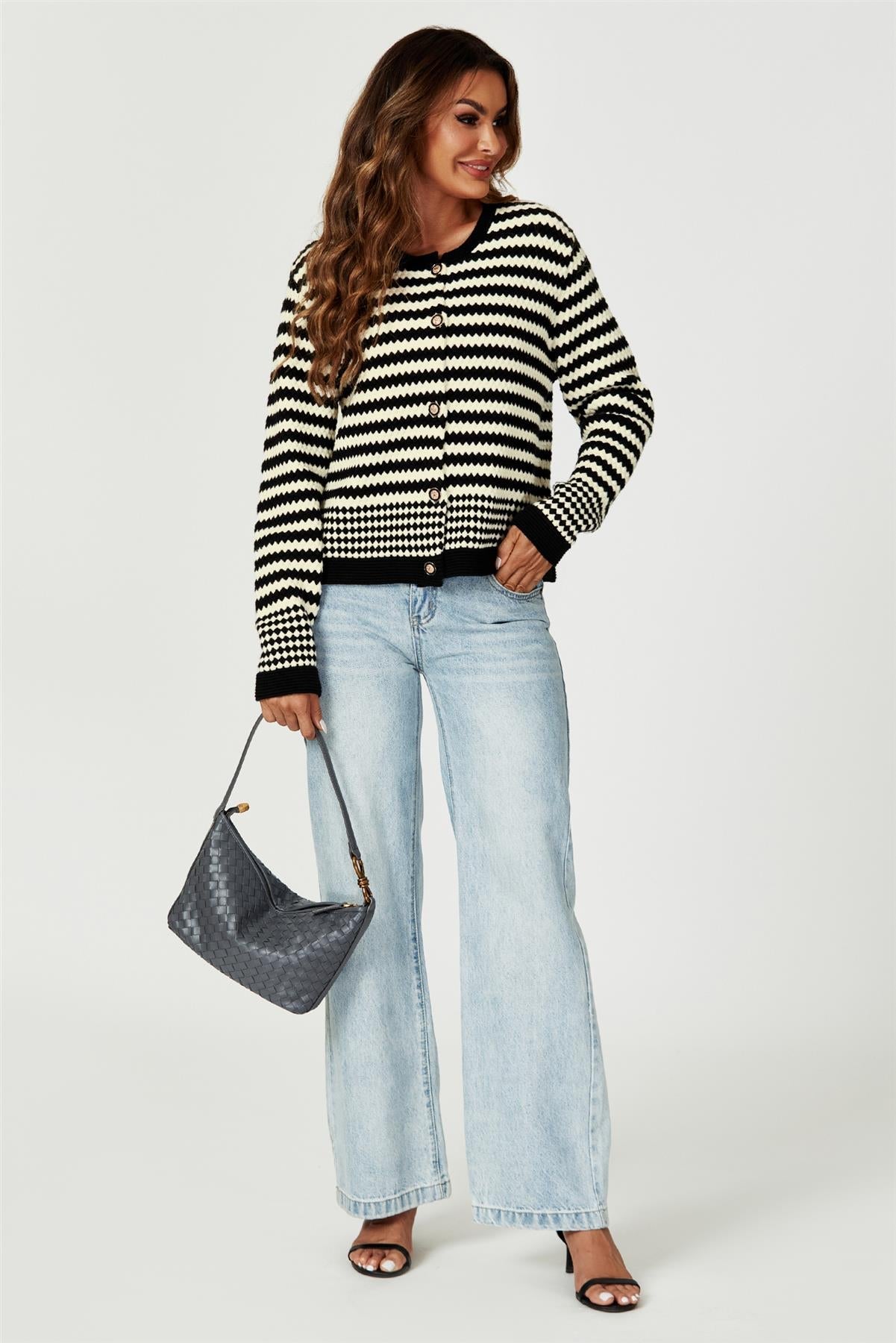 Geo Pattern Knitted Cardigan In Black