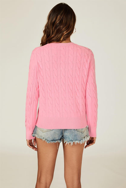 Cable-Knit Crewneck Cardigan In Pink