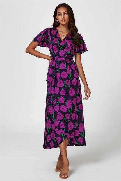 Floral Print Satin Wrap Maxi Dress In Magenta