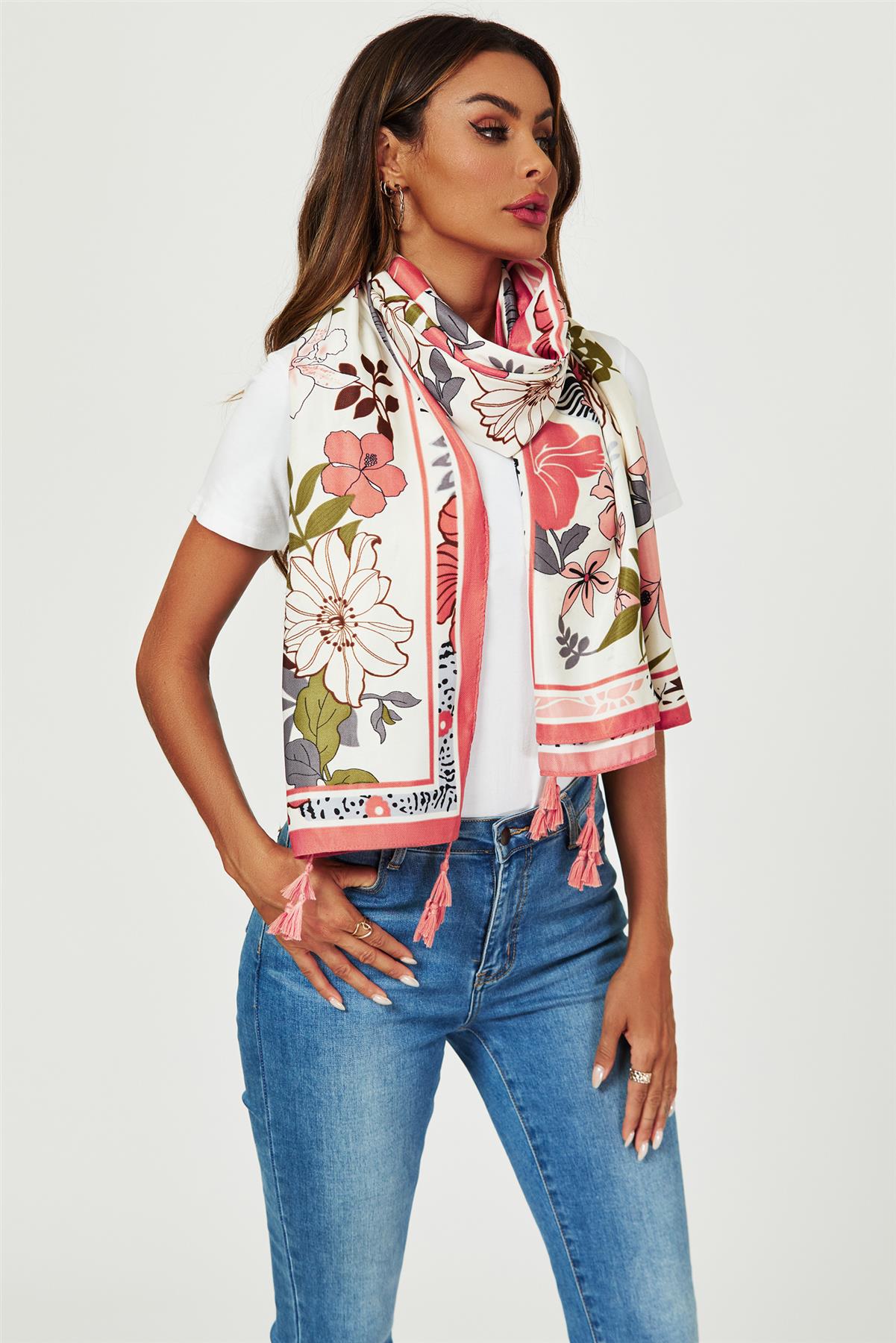 Tropical Floral Print Tassel Scarf In Pink