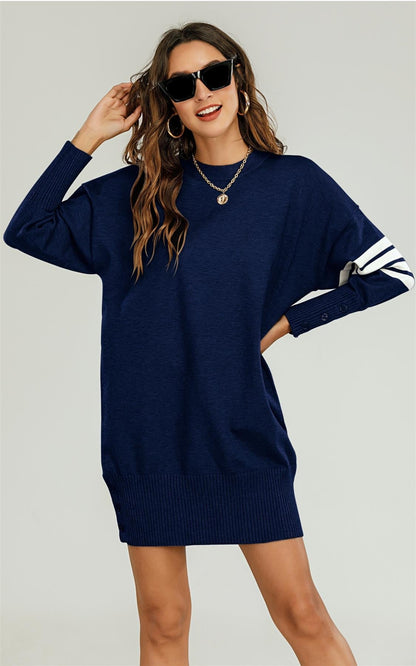 Knitted Tunic Jumper Dress With White Stripe In Navy