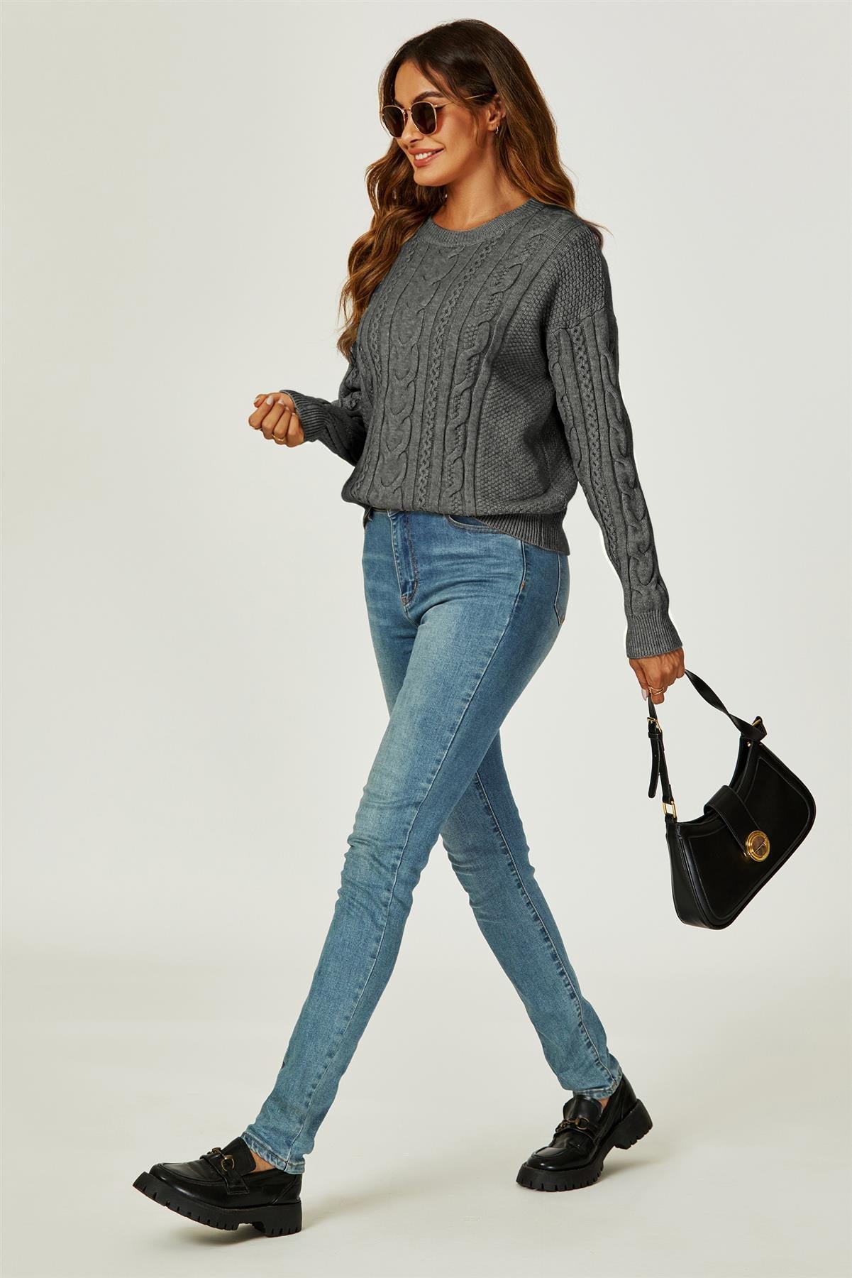 Cable Knit Crew Neck Jumper In Dark Grey