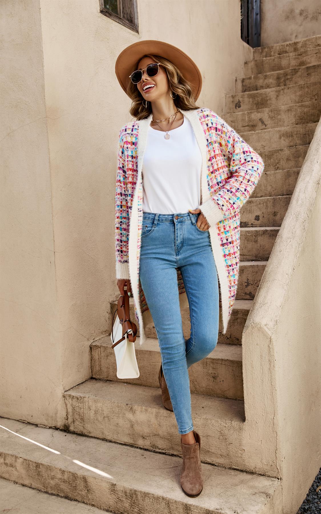 Cream Boucle Check Cardigan In Rainbow Multicolour Speckles