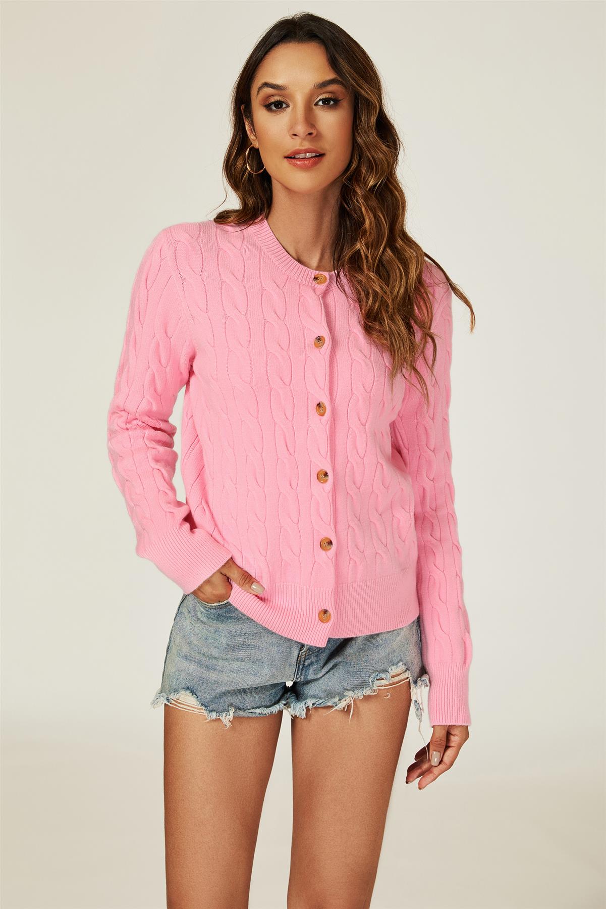 Cable-Knit Crewneck Cardigan In Pink