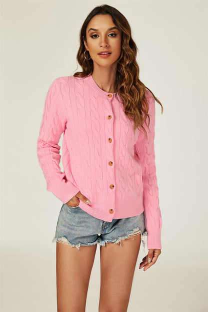 Cable-Knit Crewneck Cardigan In Pink
