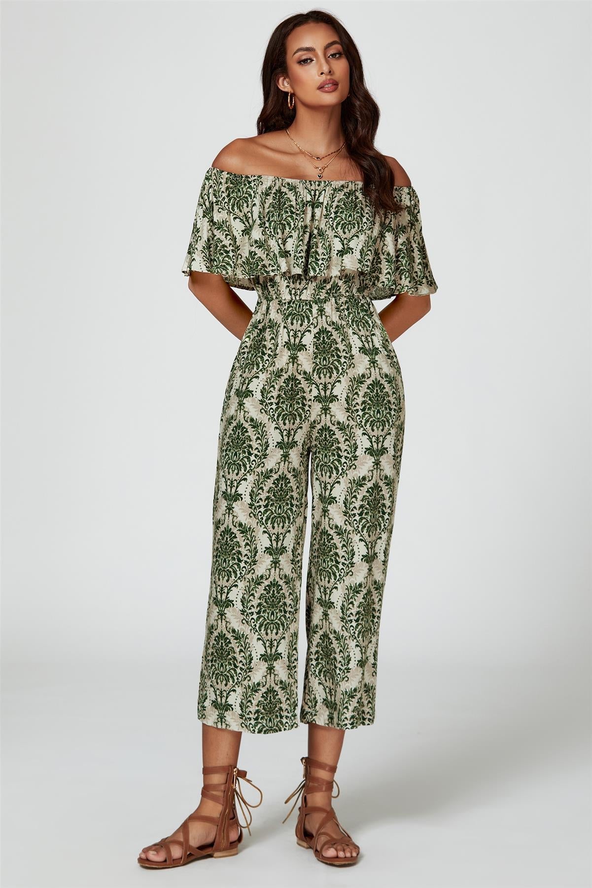 Off The Shoulder Print Frill Jumpsuit In Green