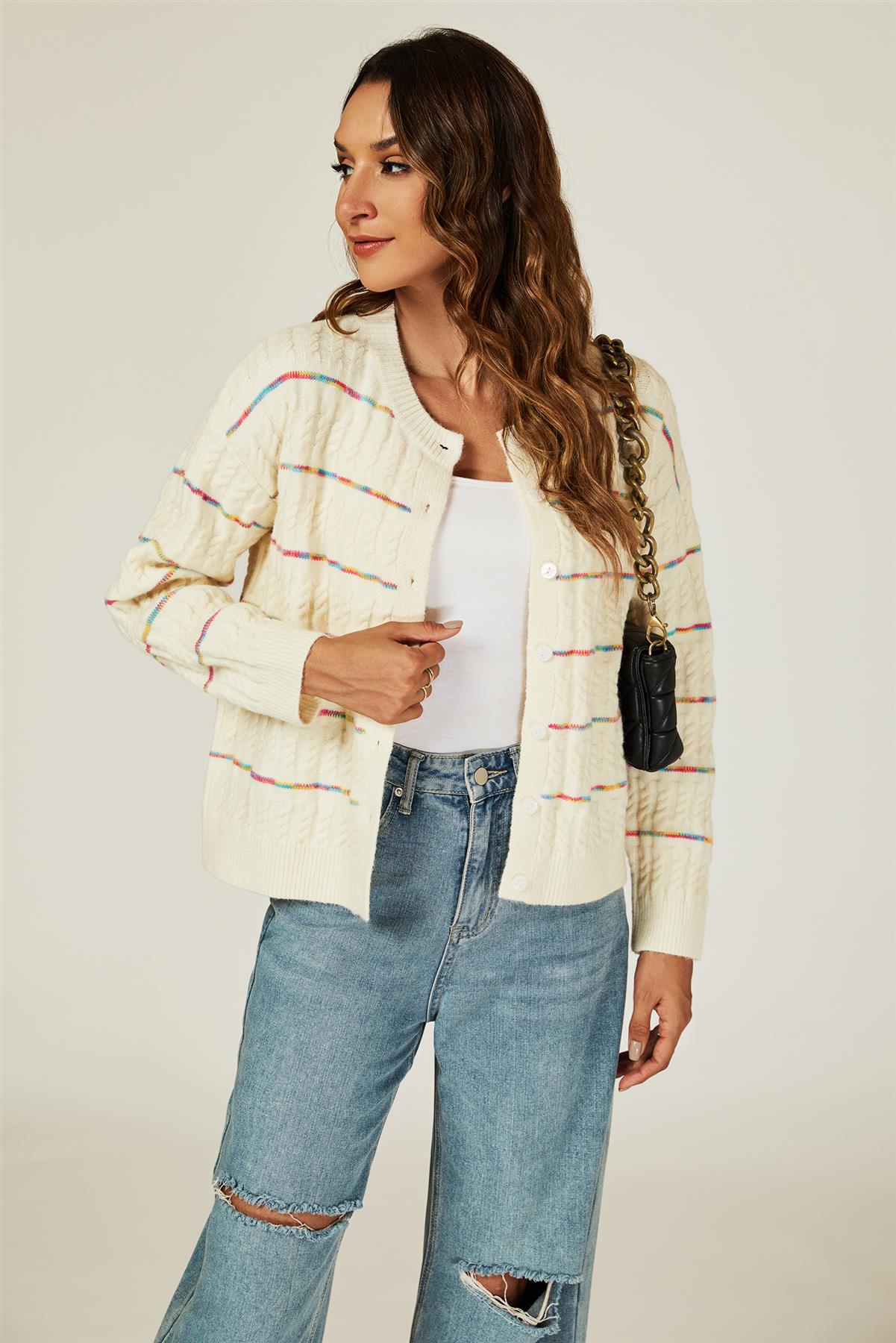 Rainbow Stripe Knitted Cardigan In White