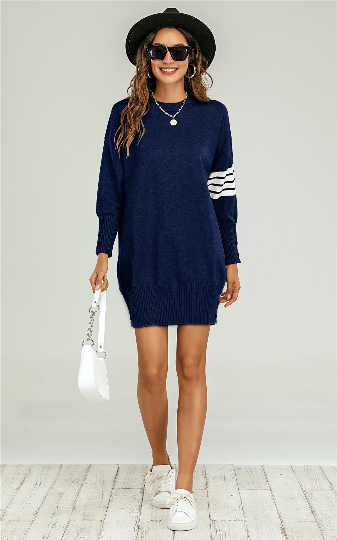 Knitted Tunic Jumper Dress With White Stripe In Navy