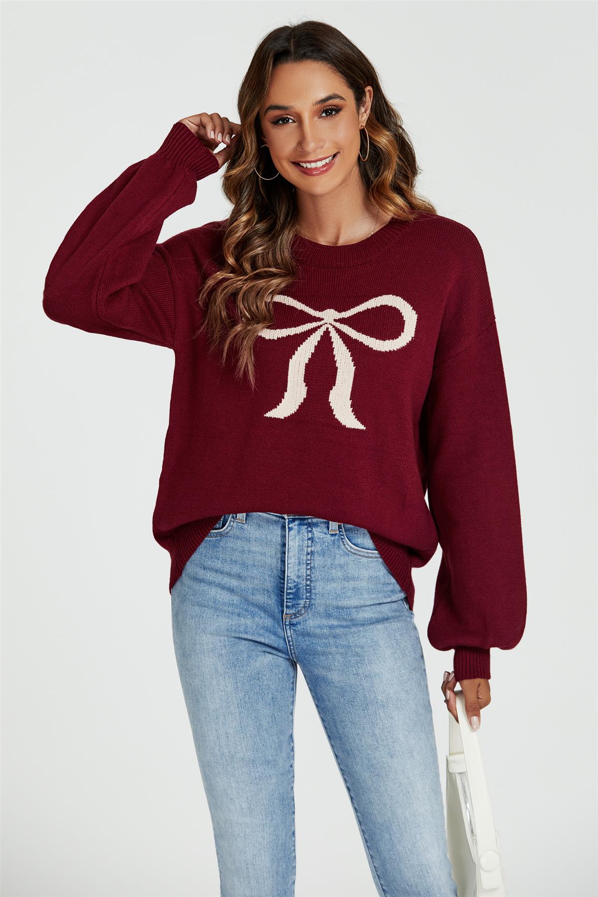Bow Pattern Jumper Top In Wine
