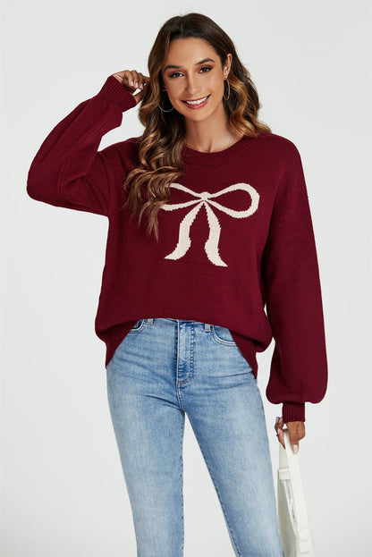 Bow Pattern Jumper Top In Wine