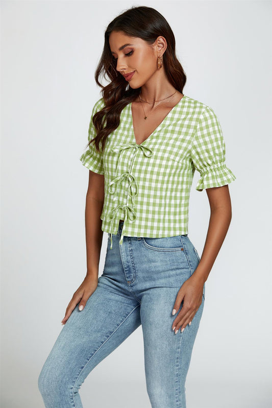 Check Print Tie Front Top In Green