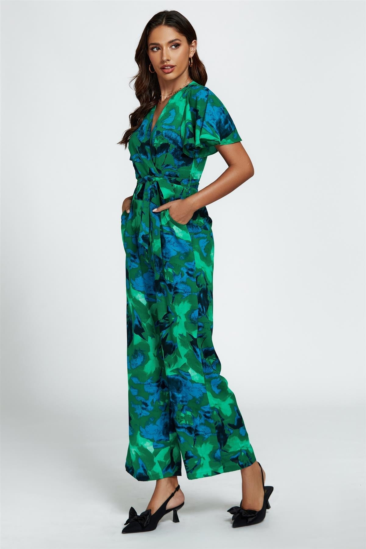 Abstract Print Wrap Top Jumpsuit In Green