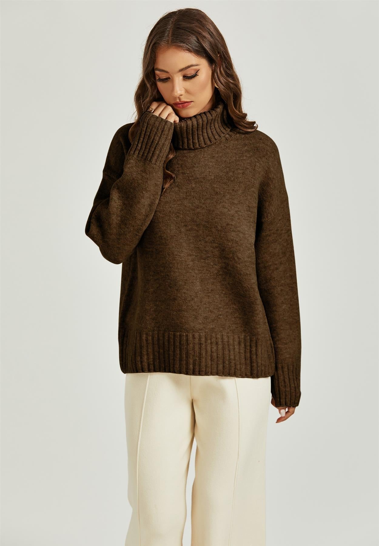 Strickpullover mit Stehkragen in Braun
