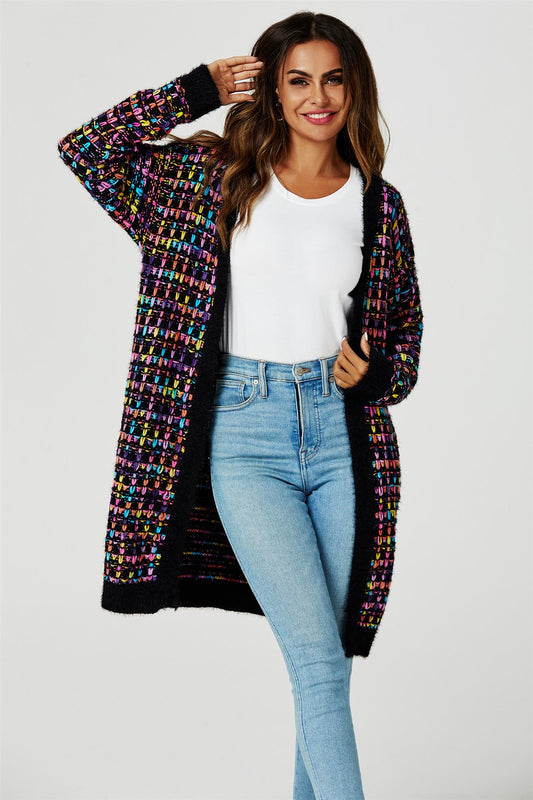 Rainbow Multicolour Speckles Boucle Check Cardigan In Black