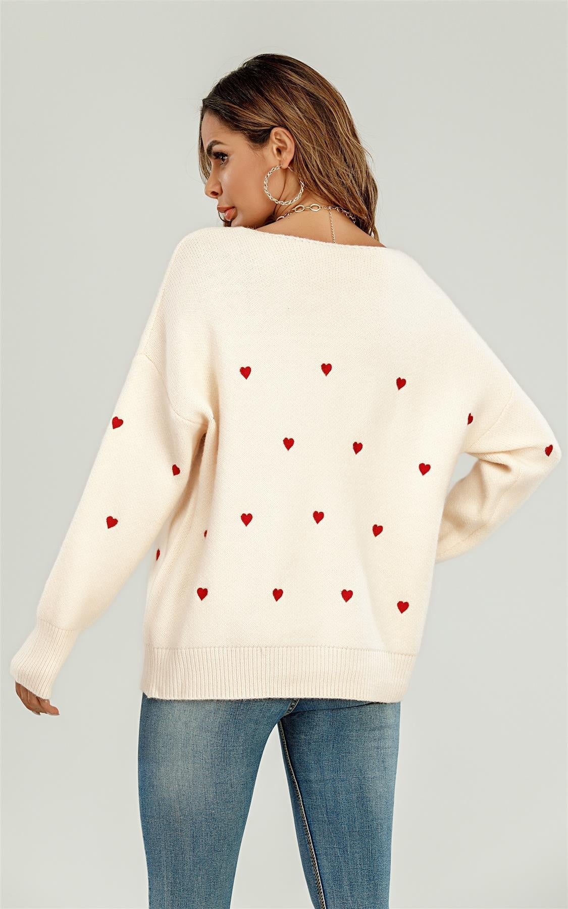 Embroidery Red Heart V Neck Jumper In Cream