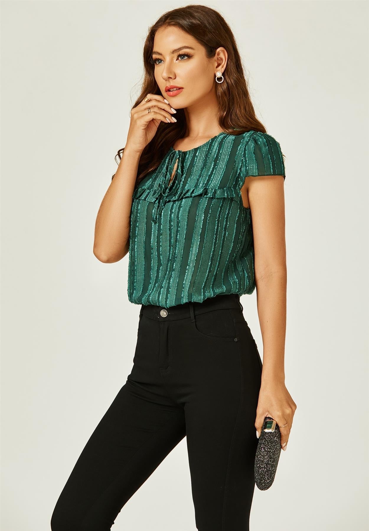 Flocked Tulle Sheer Top In Green