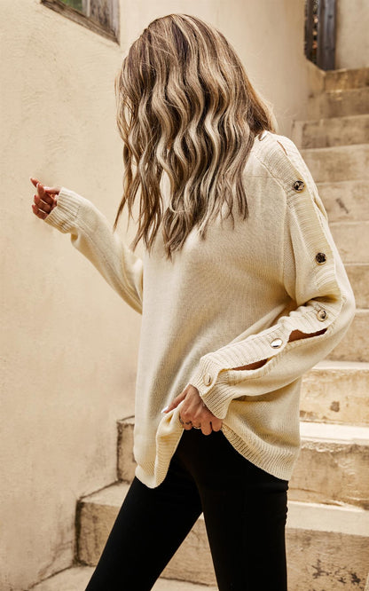 Button Detail Comfy Jumper Top In Beige