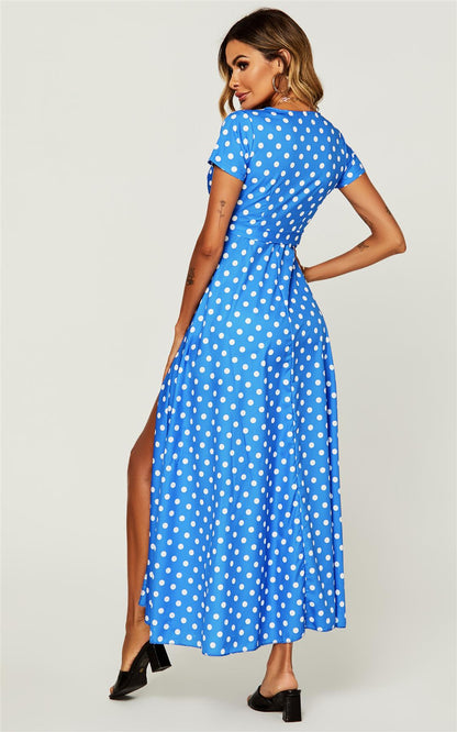 Polka Dot Print High Waist Wrap Dress In Royal Blue