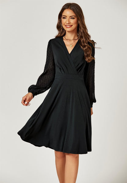Long Chiffon Sleeve Pleated Midi Dress In Black