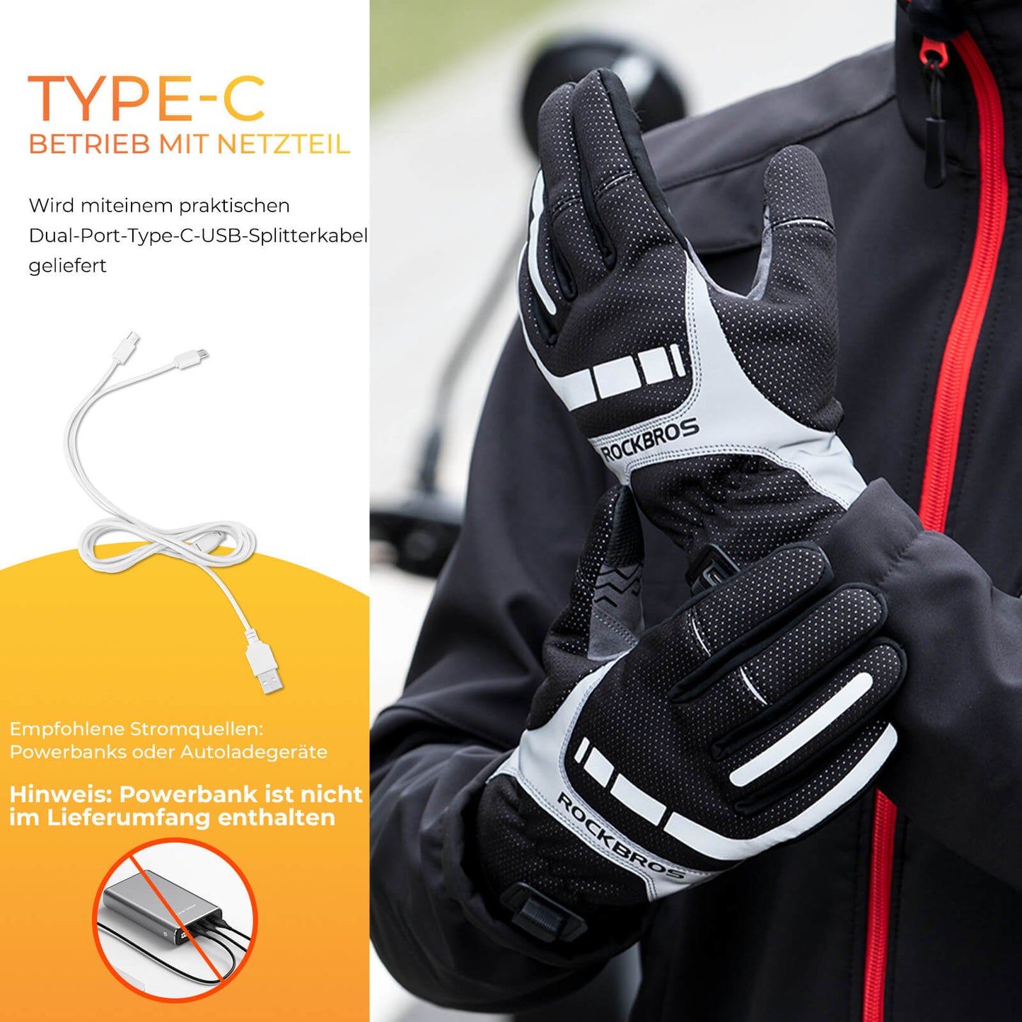 Fahrradhandschuhe über USB, reflektierend und stoßdämpfend, Winterhandschuhe mit Touchfunktion