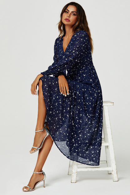 Silver Star Foil Long Sleeve Maxi Dress In Navy