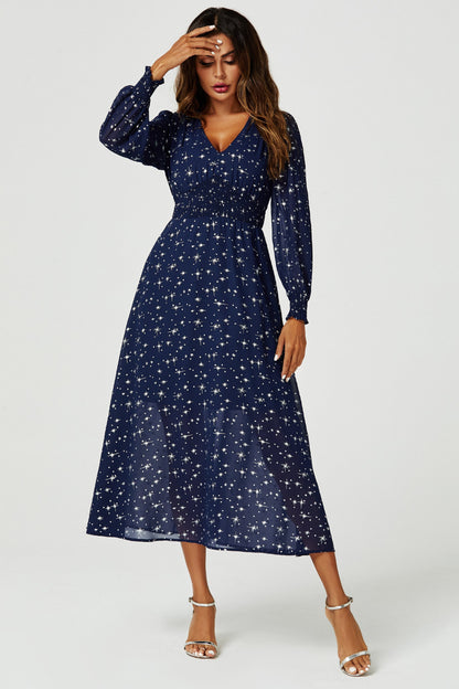 Silver Star Foil Long Sleeve Maxi Dress In Navy