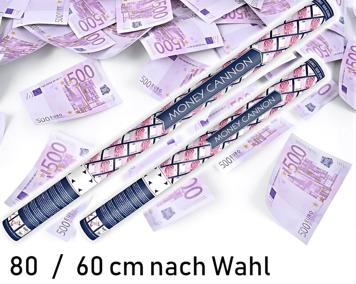 Konfettikanone kaufen, 80/60 cm Optionen, Dollar-Konfettikanonen, Party Mix mit Papier und Metallic Konfetti auf Euro-Hintergrund