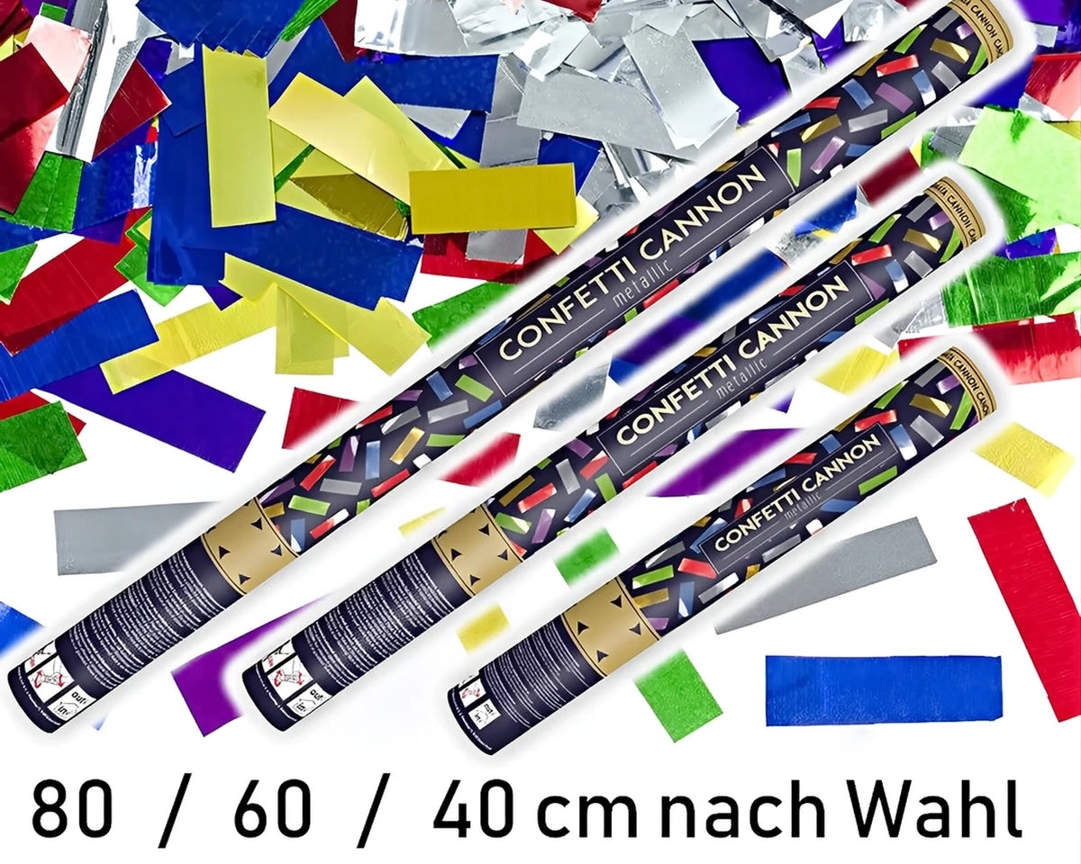 Verschiedene Größen von Konfettikanonen für Partys, 40/60/80 cm, Konfettikanone kaufen, Druckluftbetrieben, Papier- und Metallic-Konfetti.