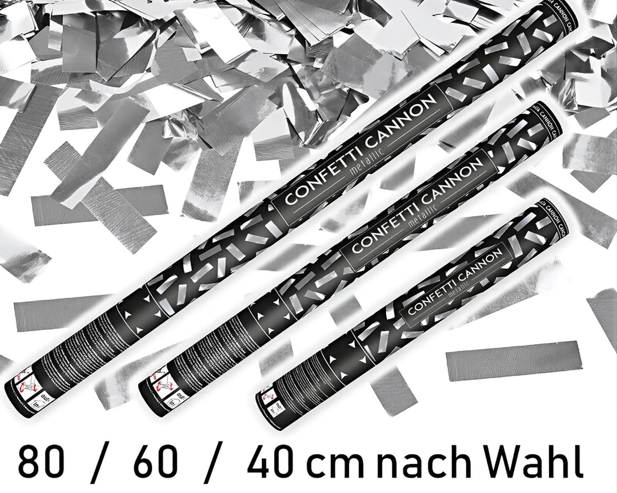 Konfettikanone kaufen in 40, 60 oder 80 cm mit Papier- und Metallic-Konfetti, perfekt für unvergessliche Partyerlebnisse.