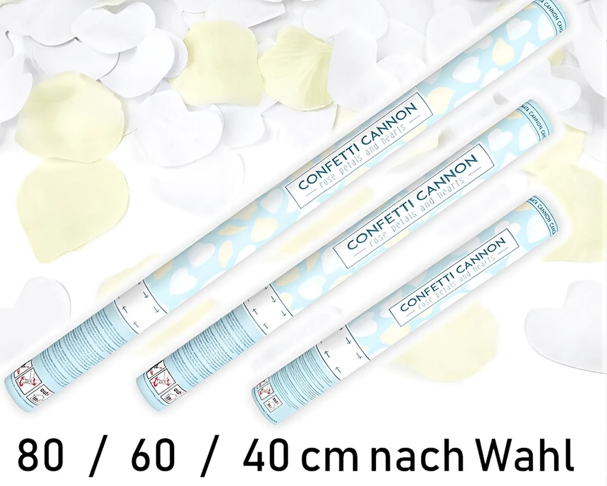 Drei Konfettikanonen mit Längen 40, 60, 80 cm auf einem weißen Hintergrund. Perfekt für Partys. Konfettikanone kaufen für unvergessliche Erlebnisse.